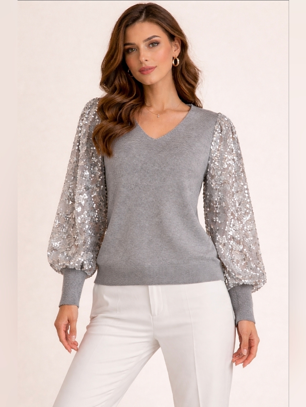 Fate Arielle Gray Silver Sweater Size L Large Boutique Sequin Flare Sleeve NWT